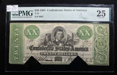 1861 T-21 $20 RARE The Confederate States of America Note -CIVIL WAR- PMG VF 25 - Image 1 of 2