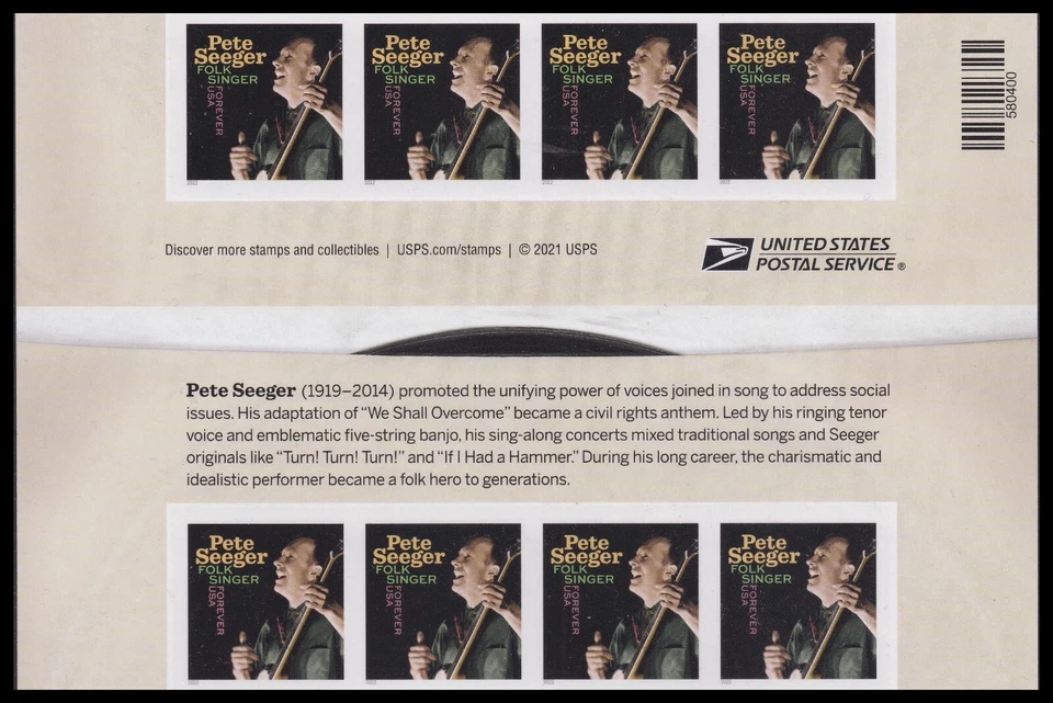 US 5708a Music Icons Pete Seeger imperf NDC header gutter block 8 MNH 2022 - Image 1 of 1