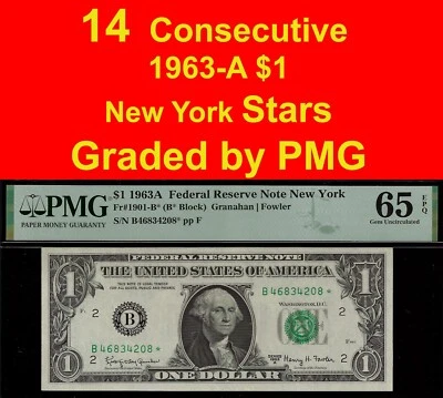1963A $1 Federal Reserve Note PMG 65EPQ 14 consecutive New York stars Fr 1901-B* - Image 1 of 4