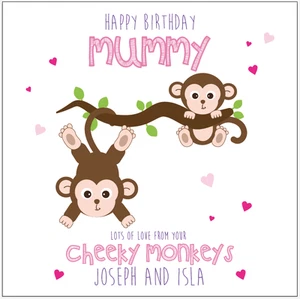 Personalisierte Geburtstagskarte Mama Mama freche Affen jede Nachricht alle Namen - Bild 1 von 5