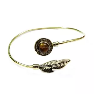 Womens day Deal Tiger's Eye Gemstone Wire Wrap Trendy Leaf Bangle Bracelet Brass - Picture 1 of 8