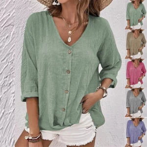UK Ladies Button Long Sleeve Holiday Blouse Shirts V neck Tops Loose Spring Tee - Picture 1 of 15