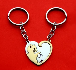 Cute Cat Heart Keychain Best Gift for Lover His Her Couples Lovers 1 Pair Ring - Picture 1 of 3