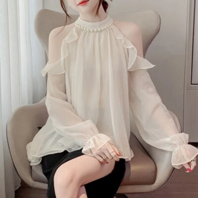 Women Beads Off-shoulder Chiffon Shirt Cute Ruffle Thin Top Fairy Blouse Loose - Image 1 of 4