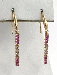 18k Yellow Gold .36TCW Pink Sapphire And Diamond Drop French Hook Earrings - Picture 1 of 7