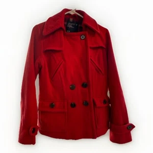 AMERICAN EAGLE Cappotto Giacca Donna Taglia Media Pea Coat Misto Lana Rosso - Foto 1 di 10