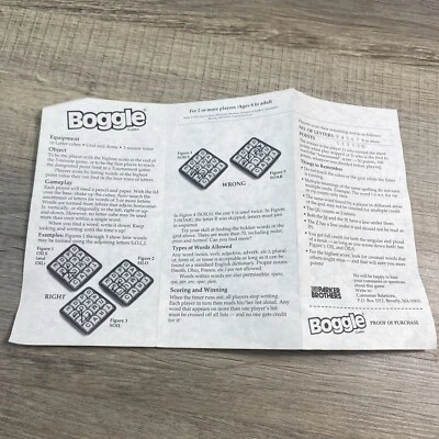 Boggle 3-Minute Word Game 1992 Parker Brothers Instructions - Image 1 of 2