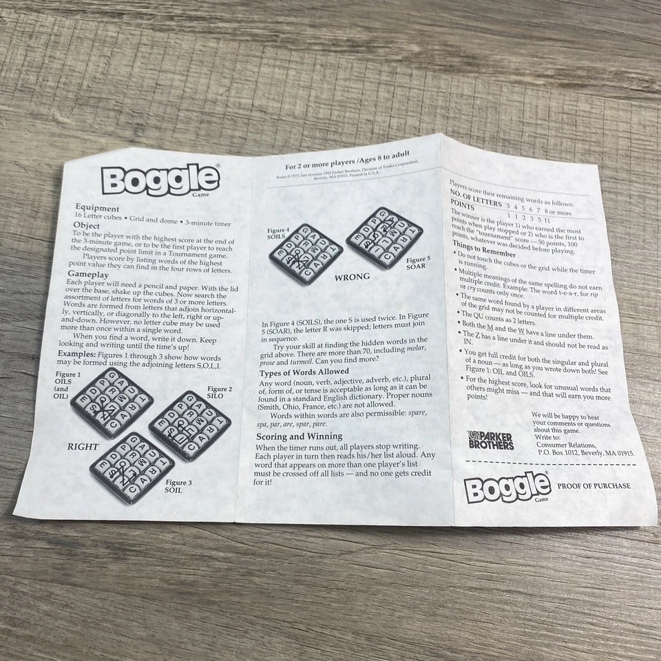 Boggle 3-Minute Word Game 1992 Parker Brothers Instructions - Image 1 of 2