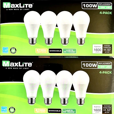💡 MaxLite LED 13W Daylight 2700K A19 100W Dimmable, NEW! 2 Boxes (8 bulbs) - Image 1 of 4
