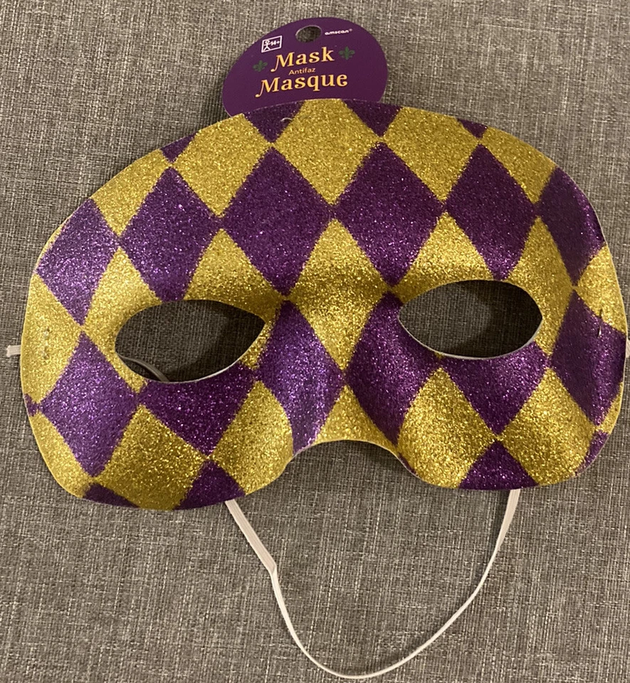 10 Glitter Harlequin Gold & Purple Mardi Gras Costume Party Mask Adult Size New! - Image 1 of 1