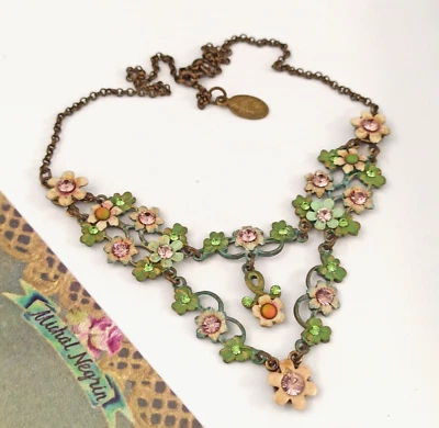 Collar Babero Michal Negrin Verde Pastel Rosa Esmalte Cristales Romántico Floral De Colección Foto 1 de 4
