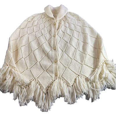 Knit Crochet Cape Poncho Shawl Cardigan Sweater Handmade Fringe Boho Vintage - Imagem 1 de 4