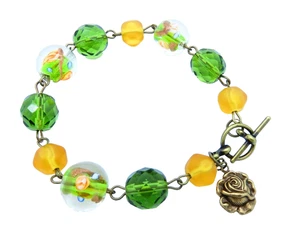 Vintage Ochre Bead Green Czech Crystal Lampwork Glass Brass Rose Charm Bracelet  - Imagen 1 de 8