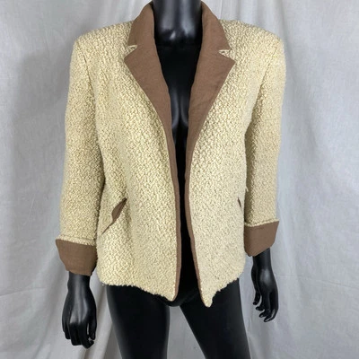 50s 60s Boucle Cream brown trim wool open front jacket Camico western size Large - Image 1 of 4
