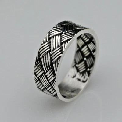 Men’s 925 Sterling Silver Woven Pattern Wedding Band, Handmade Turkish Ring - Image 1 of 4
