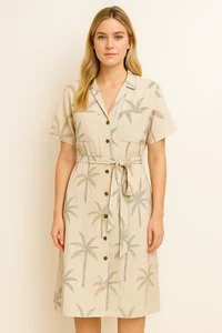 Linen-Blend Palm Print Shirt Midi Dress – Button-Through with Tie Waist RRP £28 - Picture 1 of 2