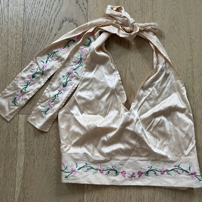Vintage 92% Silk Y2K Coquette Embroidered Pink Halter Top Medium Floral Romantic - Image 1 of 4