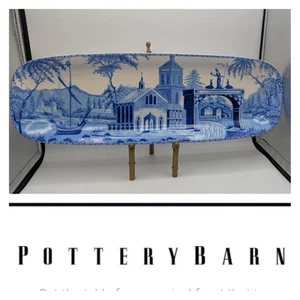 Oblong Platter Pottery Barn Sophia Village Boat Chinoiserie Blue White 19.5" - Picture 1 of 12