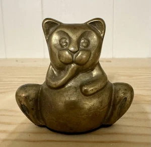 Brass Panda Figurine Taiwan Cat Eating Kitty Paperweight Paw Mouth Buddha 2.5” - Picture 1 of 7