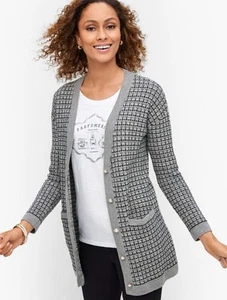 Talbots Cardigan Sweater Plus Size 2X Gray Plaid Merino Wool Buttons Old Money - Picture 1 of 12