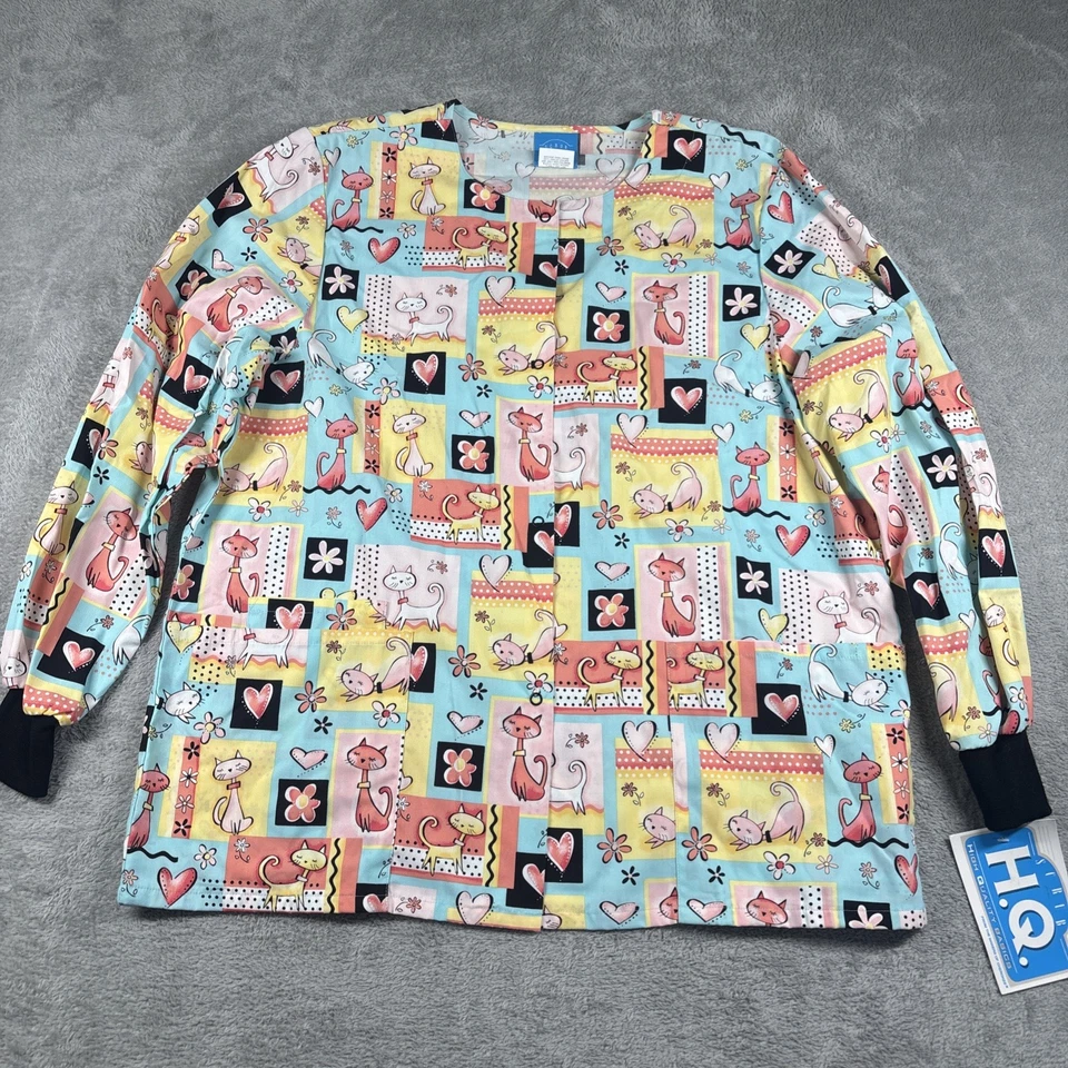 Scrub H.Q. Kittens/Cats Multicolor Long Sleeve V-Neck Scrub Top Size Medium New - Image 1 of 4