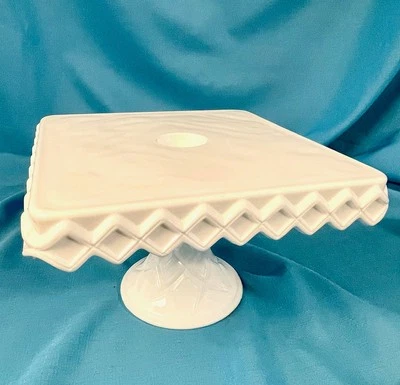 Indiana Glass White Milk Glass Pedestal Cake Plate Stand Square Diamond Vintage - Image 1 of 4