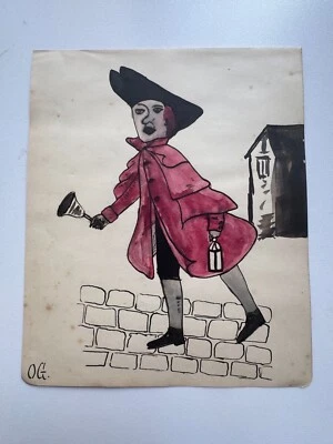 Antiguo arte popular acuarela pintura abrigo rojo británico principios del siglo XX 7 x 6 Foto 1 de 4