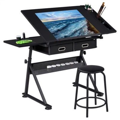 Drafting Table/Stool Set w/ Adjustable Table Angles,2 Drawers,Extra Board, Black - Image 1 of 4