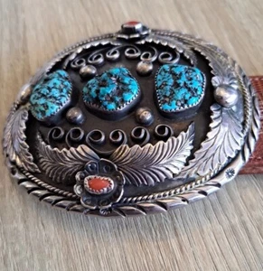 Navajo John Silversmith Catalogue Sterlig Turquoise Coral Buckle Lizard Belt - Picture 1 of 15