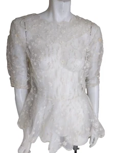 XS Vintage 40s Blouse Top Lace Embroidery Pearls Tulle Peplum Ivory Wedding 28"W - Picture 1 of 14