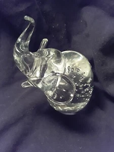 Glass Elephant Paperweight, Clear Bubbles Art Glass  Trunk Up  Figurine 4 " Tall - Picture 1 of 7