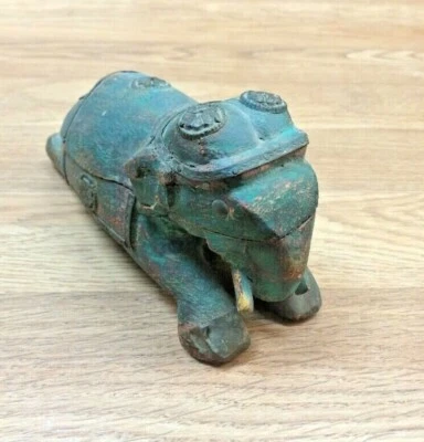 Primitive Wood Elephant with Brass & Hidden Trinket Keepsake Box Green/Blue - Image 1 of 4