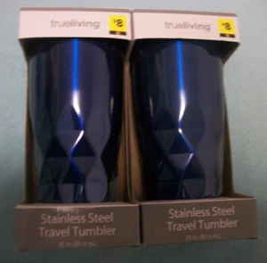 NEW 2 STAINLESS STEEL TRAVEL TUMBLERS 20 OZ DOUBLE WALL BOTH GLOSSY BLUE - Picture 1 of 3