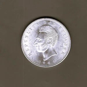 ECUADOR - FANTASTIC HISTORICAL JOSE DE SUCRE SILVER 5 SUCRES, 1944 Mo, KM# 79 - Picture 1 of 2