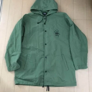 Stussy Vintage 80s Hooded Coach Jacket Green Nylon Button Closure Size XL Used - Picture 1 of 10