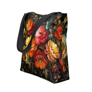 Vintage Flowers Tote Bag, Floral Shoulder Shopping Bag, Russian Pavlovo Posad - Picture 1 of 5