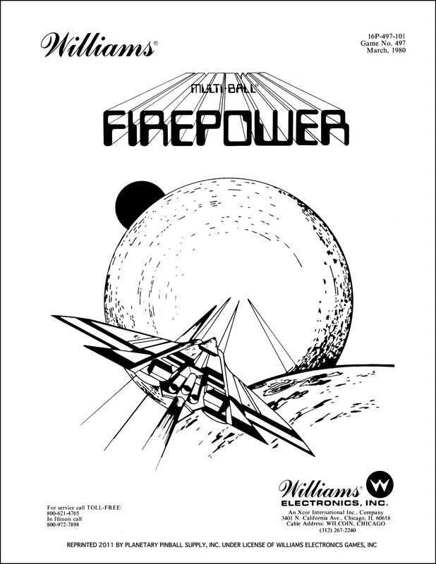 Firepower Pinball Manual w/Instruction Book COLOR Fold-Out Schem Williams PPS uA - Image 1 of 1