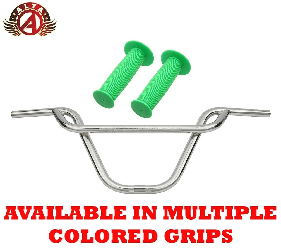 ALTA BMX Old School PRETZEL Chrome Handlebar W/ MUSHROOM BMX Style GRIPS - Image 1 of 1