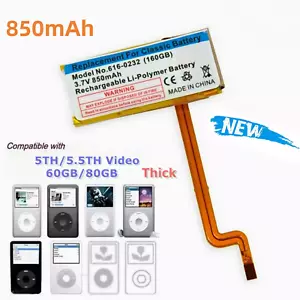 NEW 850mAh Replacement Battery for ipod Video 5th 60GB 80GB A1136 Classic Thick - Picture 1 of 6
