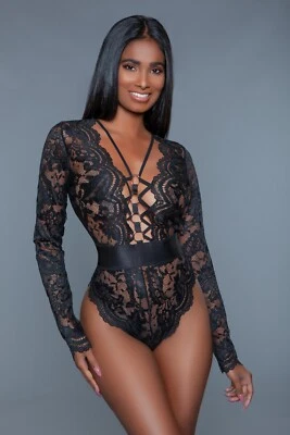 NEW sexy BE WICKED long SLEEVE plunging STRAPPY sheer LACE bodysuit ROMPER teddy - Image 1 of 3