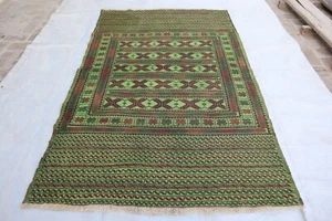 Tappeto pezzo da collezione 4'3x7'0 piedi verde afgano antico tessuto piatto tappeto lana fatto a mano - Foto 1 di 15