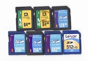 Lot Of 7x Lexar 64MB / 128MB / 256MB / 512MB MEGABYTE SD Camera Memory Cards - Picture 1 of 1