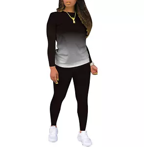 PINLI Tie Dye Women 2 Piece Outfit Sexy Bodycon Tracksuit Long Sleeve Black M - Picture 1 of 3