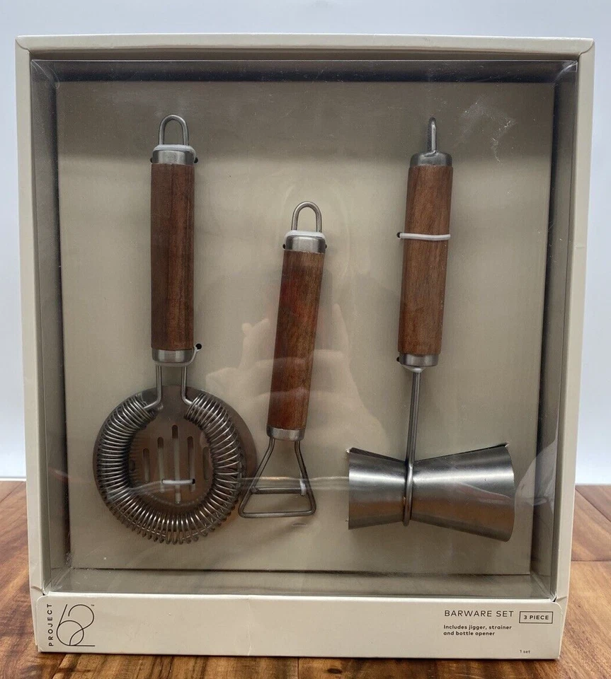 Project 62 Stainless Steel and Wood Barware Tools Set With Soft-grip Handles