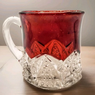Antique Ruby Stained EAPG Mug Punch Cup | Button Arches Star Base Clear Pressed  - Image 1 of 4
