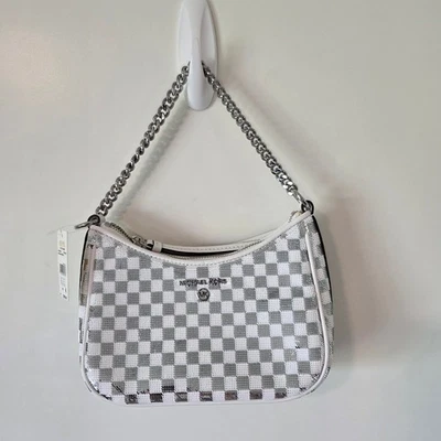 Bolso de Hombro Michael Kors Jet Set Charm Lentejuelas a Cuadros Pouchette Plateado NUEVO  Foto 1 de 4