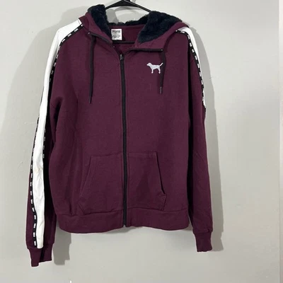 Victoria's Secret ROSA Borgoña Imitación Piel Capucha Cremallera Sudadera con Capucha Lentejuelas Logo M Foto 1 de 4