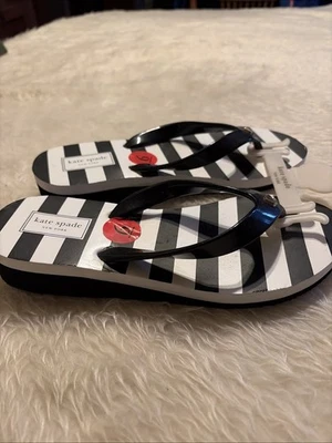 Sandalias Kate Spade Milli Chanclas Negro Blanco Rayas Cuña Talla 6 Foto 1 de 4