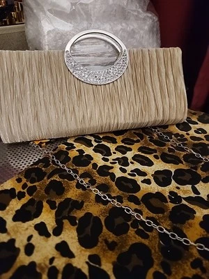 Mujer Beige Cartera Plisada Estrás Bolso sin asas Noche Cartera Cadena Correa  Foto 1 de 4