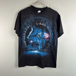 Wolf Pack Black Med T-Shirt Blue Symbols Running Multicolor Y2k Cotton Moon - Picture 1 of 8